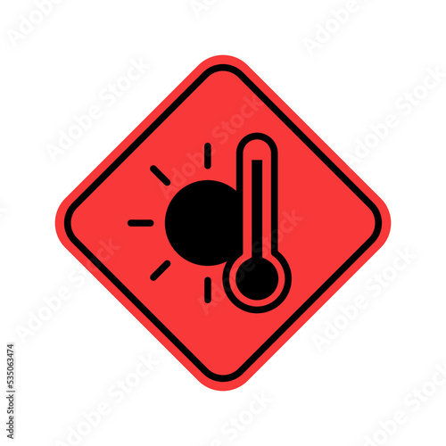 Weather icon with thermometer and hot sun on red rhombus vector illustration. Concept outline symbol critical high heat temperature