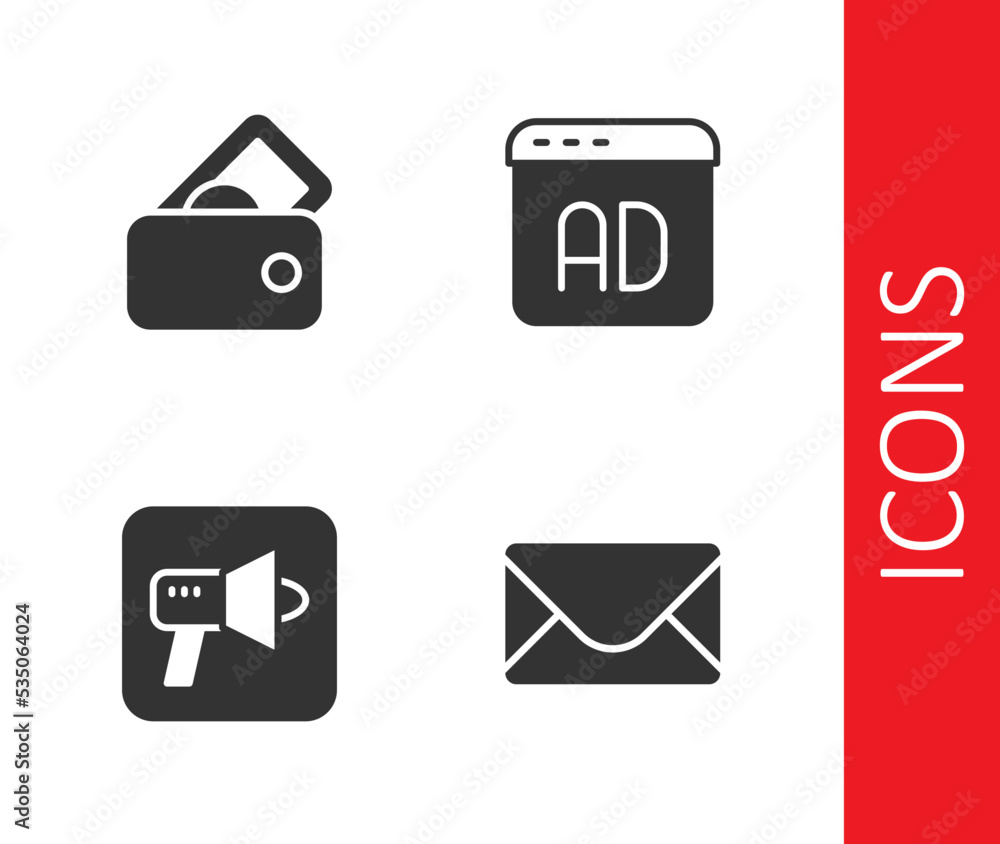 Set Mail and e-mail, Wallet with money, Megaphone and Advertising icon. Vector Set Mail and e-mail, Wallet with money, Megaphone and Advertising icon. Vector