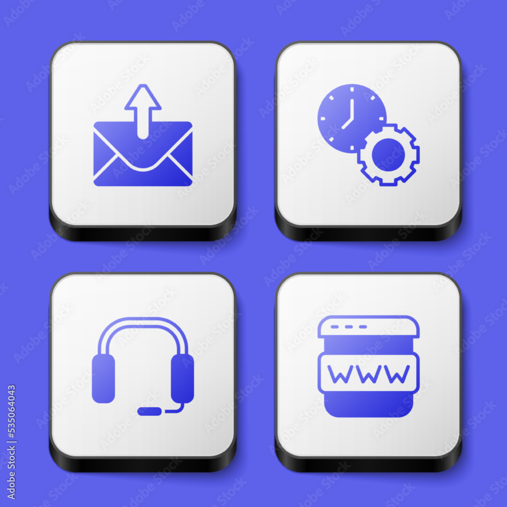 Set Mail and e-mail, Time management, Headphones and Browser window icon. White square button. Vector Set Mail and e-mail, Time management, Headphones and Browser window icon. White square button. Vector