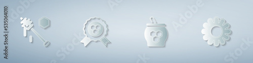 Set Honey dipper stick, award, Jar of honey and and Flower. Paper art style. Vector