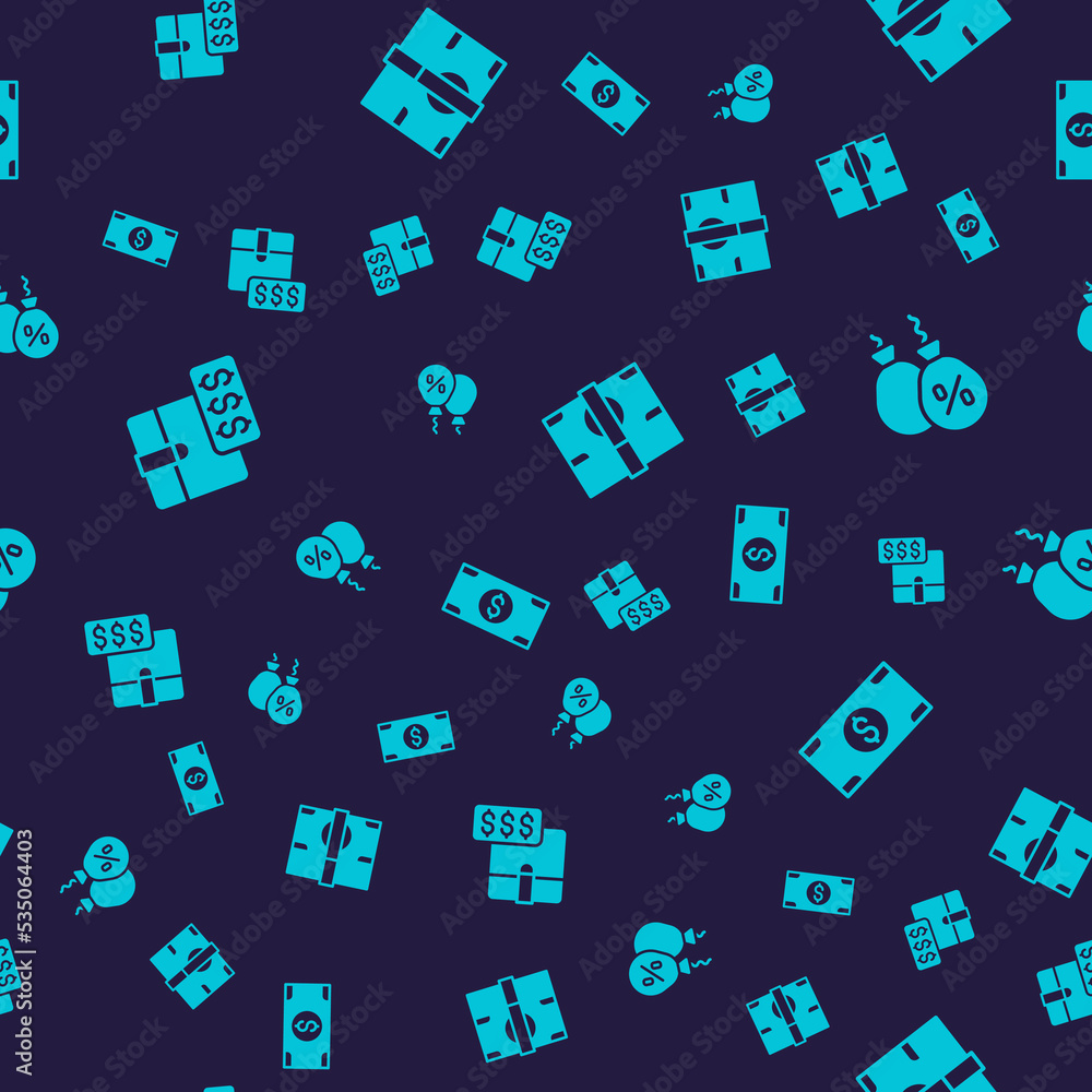 Set Item price tag with dollar, Discount percent, Stacks paper money cash and on seamless pattern. Vector