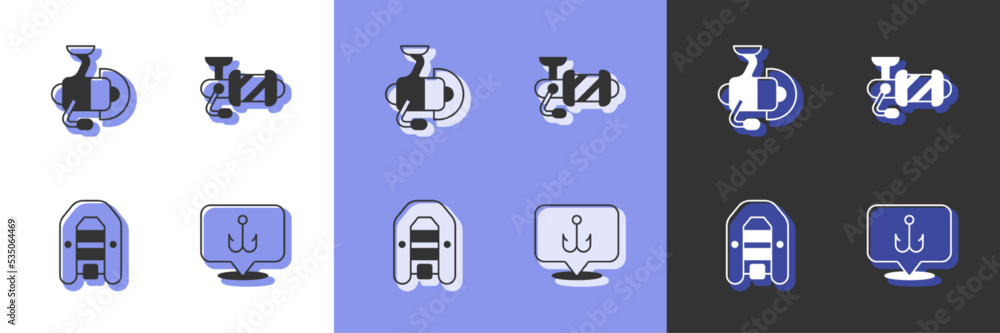Set Fishing hook, Spinning reel for fishing, Inflatable boat with motor and icon. Vector Set Fishing hook, Spinning reel for fishing, Inflatable boat with motor and icon. Vector