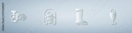 Set Spinning reel for fishing, Inflatable boat with motor, Fishing boots and lure. Paper art style. Vector