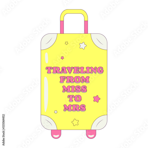 Suitcase with Text Traveling from Miss to Mrs Temporary Tattoo Sticker or Badge in Retro Groovy Style