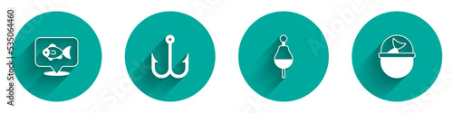 Set Location fishing, Fishing hook, float and bucket with icon with long shadow. Vector