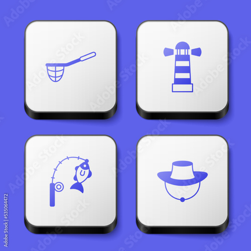 Set Fishing net, Lighthouse, rod and fish and Fisherman hat icon. White square button. Vector