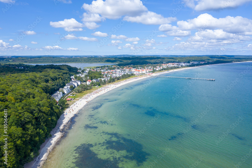 Rugen Island in Germany. View of the city of Binz. Baltic Sea. A picture with a drone. More and clouds. Order for adults and children. Tourist place. Coastline. Beach. Deutschlsnd. Eurupe