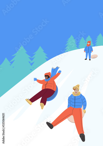 Children sliding down hill on sleds. Happy kids sledding on winter holidays. Wintertime fun. Smiling boys riding plastic sled. Sledding children. Winter outdoor activities