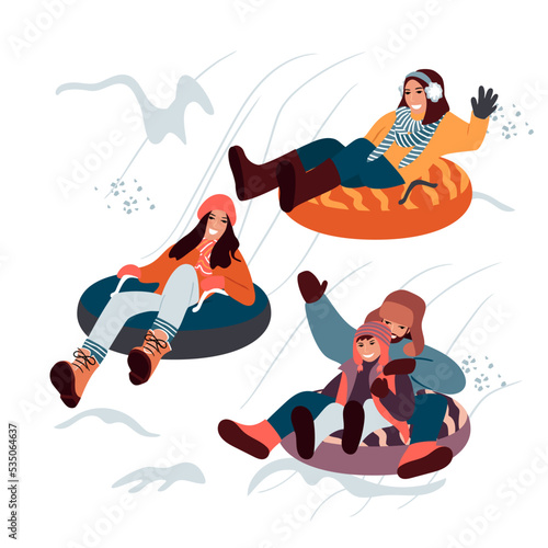 People ride on snow tubes. Girls, a man and a teenager are dressed in warm clothes. A set of characters isolated on a white background.Winter time and winter activity.Cartoon flat style illustration.