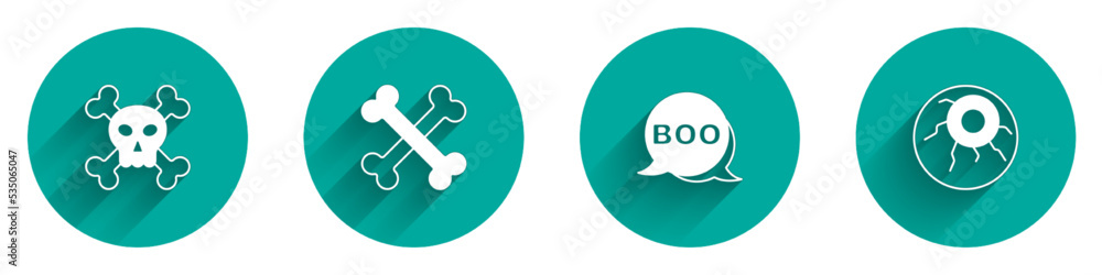 Set Skull on crossbones, Crossed, Boo speech bubble and Eye icon with long shadow. Vector Set Skull on crossbones, Crossed, Boo speech bubble and Eye icon with long shadow. Vector