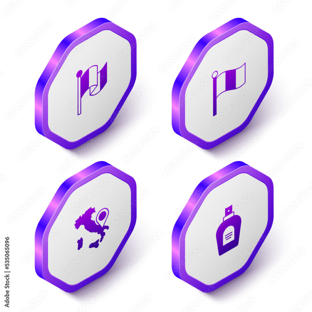 Set Isometric Flag Italy, Map of and Perfume icon. Purple hexagon button. Vector Set Isometric Flag Italy, Map of and Perfume icon. Purple hexagon button. Vector