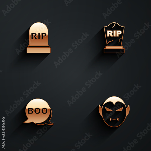 Set Tombstone with RIP written, Boo speech bubble and Vampire icon with long shadow. Vector