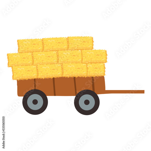 Agricultural haycock in the trailer in cartoon flat style, rural hay rolled stack, dried farm haystack. Vector illustration of fodder straw