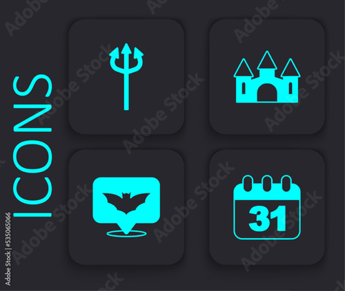 Set Halloween date 31 october, Trident devil, Castle and Flying bat icon. Black square button. Vector