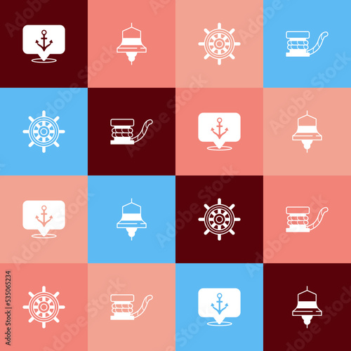 Set pop art Anchor, Ship bell, steering wheel and Marine bollard with rope icon. Vector