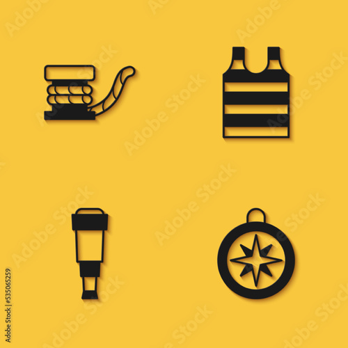 Set Marine bollard with rope, Compass, Spyglass telescope lens and Striped sailor t-shirt icon with long shadow. Vector