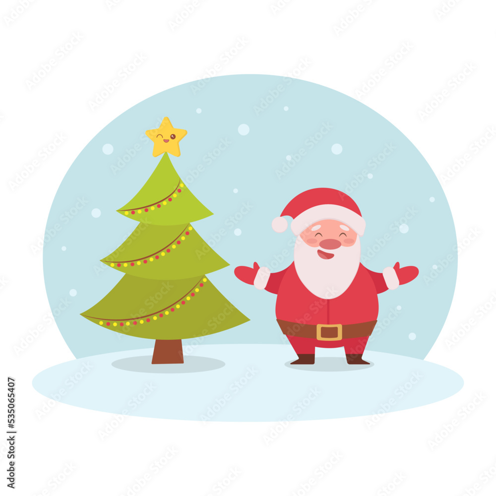 Cute happy cartoon Santa near Christmas tree. Vector illustration isolated on white background. 