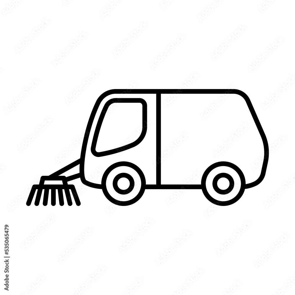 Sweeper icon. Road cleaning. Black contour linear silhouette. Side view. Editable strokes. Vector simple flat graphic illustration. Isolated object on a white background. Isolate.