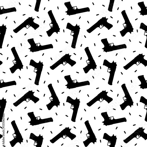 Small black pistols and bullets isolated on white background. Monochrome weapon seamless pattern. Vector simple flat graphic illustration. Texture.