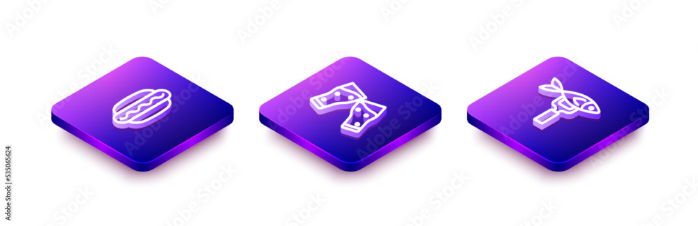 Set Isometric line Hotdog sandwich, Glass of beer and Dried fish icon. Vector Set Isometric line Hotdog sandwich, Glass of beer and Dried fish icon. Vector