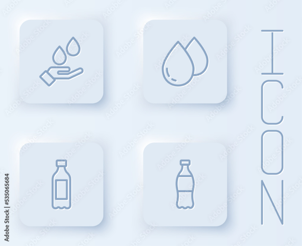 Set line Washing hands with soap, Water drop, Bottle of water and . White square button. Vector Set line Washing hands with soap, Water drop, Bottle of water and . White square button. Vector