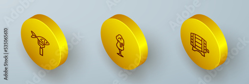 Set Isometric line Dried fish, Glass of beer and Wooden barrel on rack icon. Vector