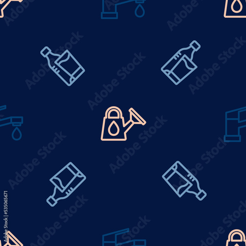 Set line Water tap, Bottle of water with glass and Watering can on seamless pattern. Vector