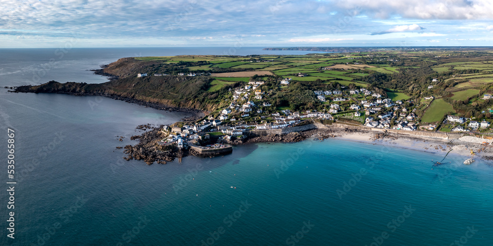 Aerial view of The Cornish fishing village and bay of Coverack, UK