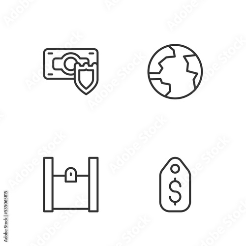 Set line Price tag with dollar, Paper shopping bag, Money shield and Worldwide icon. Vector