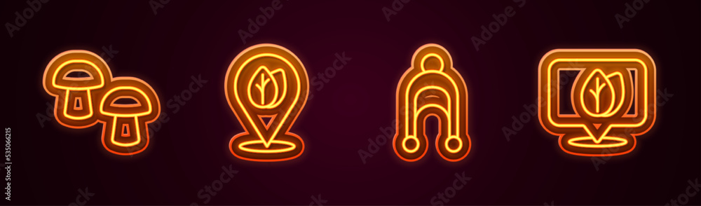 Set line Mushroom, Location with leaf, Winter hat and . Glowing neon icon. Vector Set line Mushroom, Location with leaf, Winter hat and . Glowing neon icon. Vector