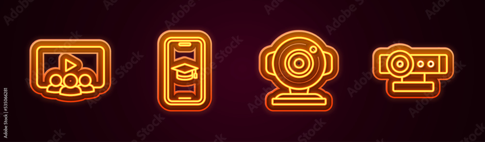 Set line Online class, Graduation cap on mobile, Web camera and . Glowing neon icon. Vector Set line Online class, Graduation cap on mobile, Web camera and . Glowing neon icon. Vector