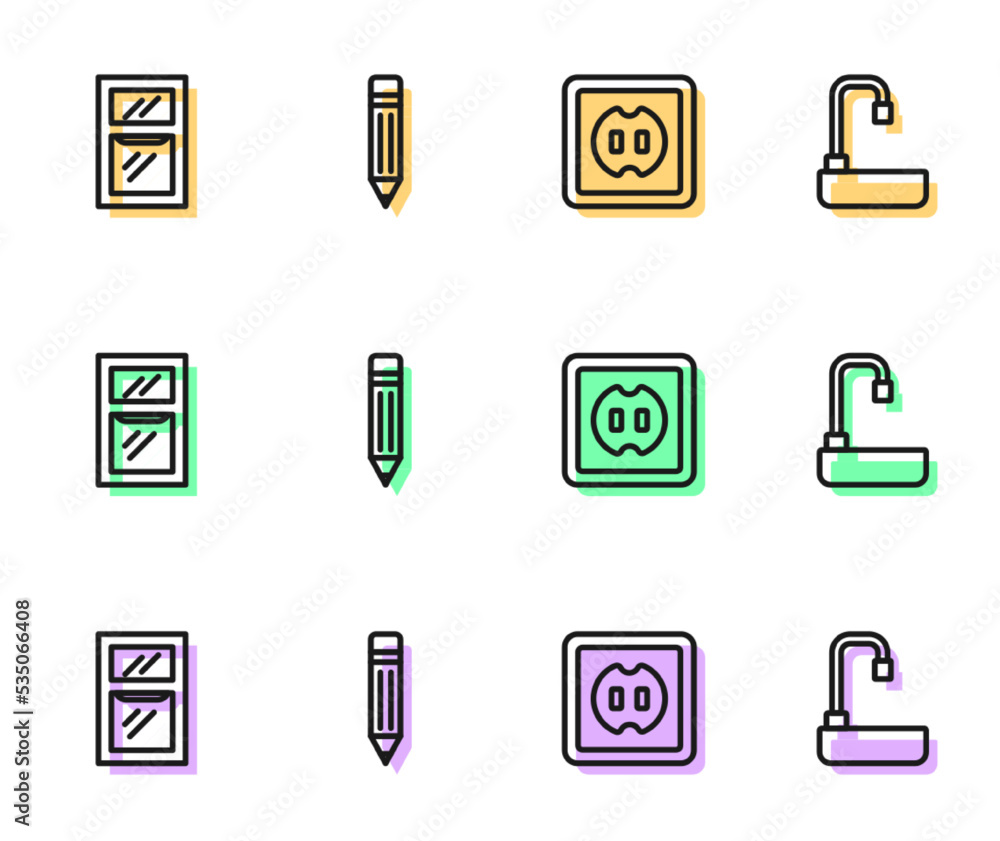 Set line Electrical outlet, Window in room, Pencil with eraser and Washbasin icon. Vector Set line Electrical outlet, Window in room, Pencil with eraser and Washbasin icon. Vector