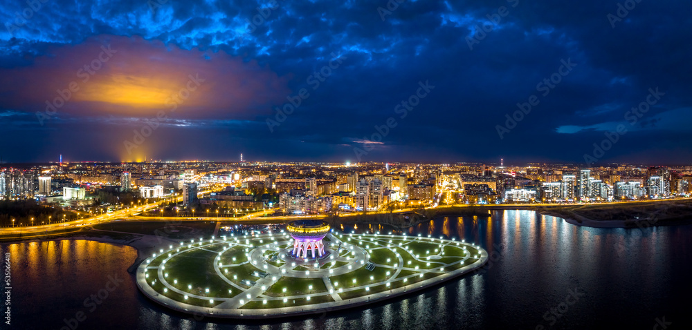 Panorama night city Kazan Family Center. Russia, aerial top view.