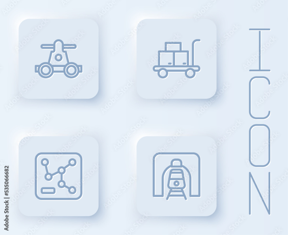 Set line Handcar transportation, Trolley suitcase, Railway map and Train in railway tunnel. White square button. Vector Set line Handcar transportation, Trolley suitcase, Railway map and Train in railway tunnel. White square button. Vector