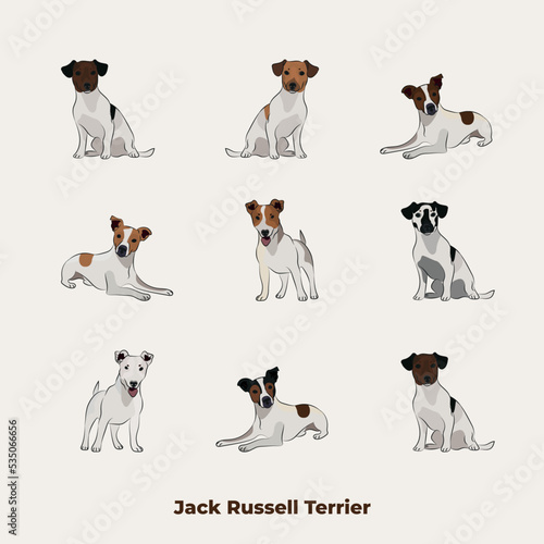 Jack Russell terrier breed, dog pedigree drawing. Cute dog characters in various poses, designs for prints adorable and cute Bulldog cartoon vector set, in different poses. All popular colors.