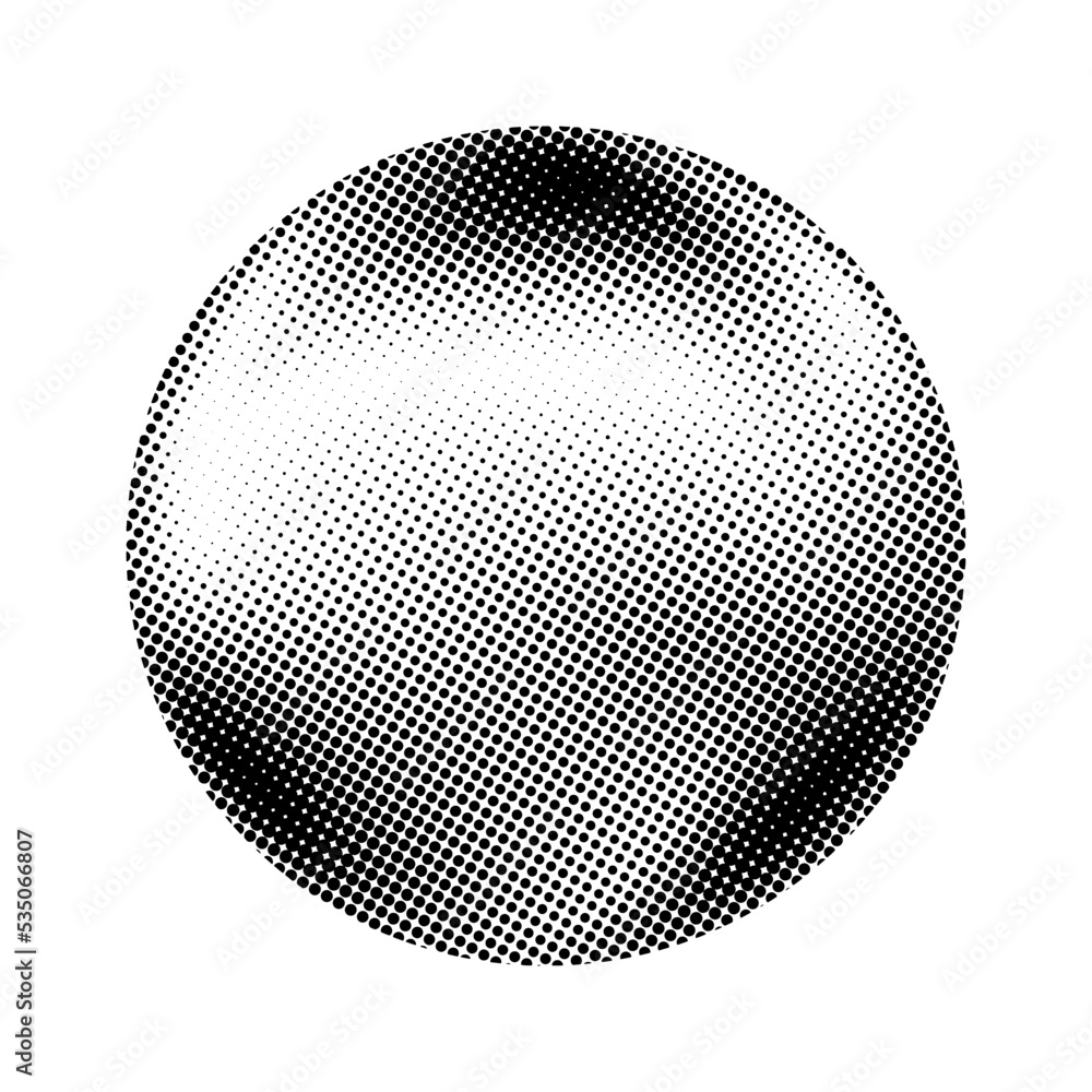 Halftone sphere. Comic texture globe. Semitone dotted circle. Round gradient. Radial design element. Abstract monochrome background. Vector 