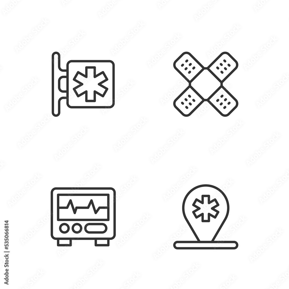 Set line Location hospital, Monitor with cardiogram, Emergency - Star of Life and Crossed bandage plaster icon. Vector Set line Location hospital, Monitor with cardiogram, Emergency - Star of Life and Crossed bandage plaster icon. Vector