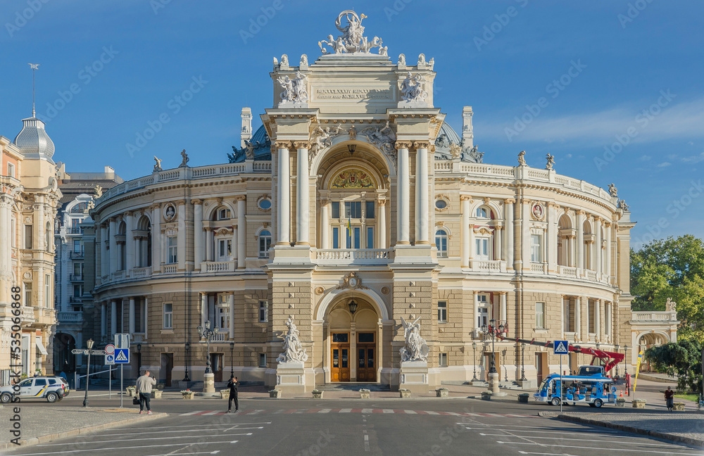 10 01 2022: Odessa Opera House. View of the main entrance and façade of the building, built in 1884-1887. in the Viennese baroque style in the center of Odessa