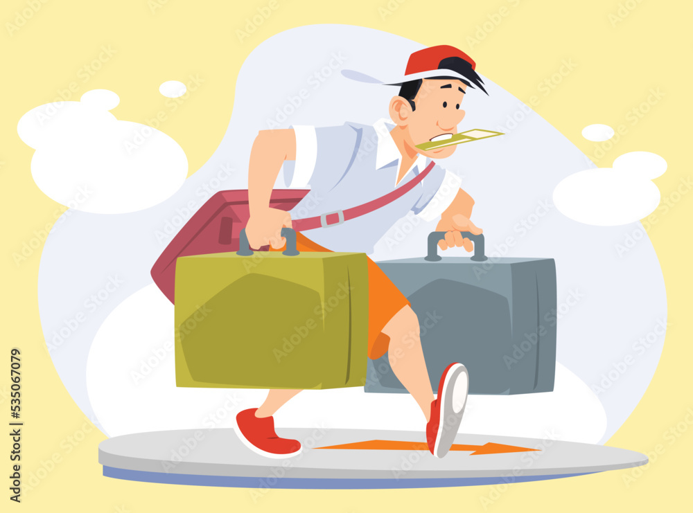 Man with suitcases hurries to rest. Illustration for internet and mobile website.