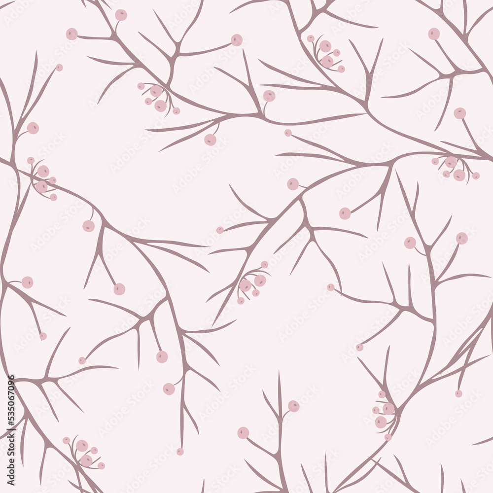 Cute vector seamless pattern with pink berries on the dark pink branchesand light background. Elegant floral texture. Simple abstract vegetal ornament. Stylish natural wallpapers, fabric.
