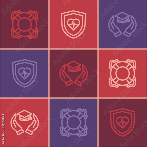 Set line Lifebuoy, Education grant and insurance with shield icon. Vector