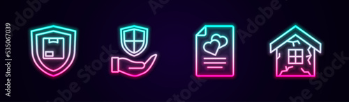 Set line Delivery security with shield, Shield in hand, Marriage contract and House. Glowing neon icon. Vector