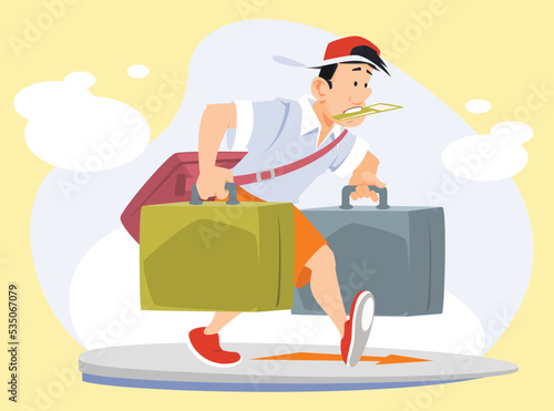 Man with suitcases hurries to rest. Illustration for internet and mobile website.