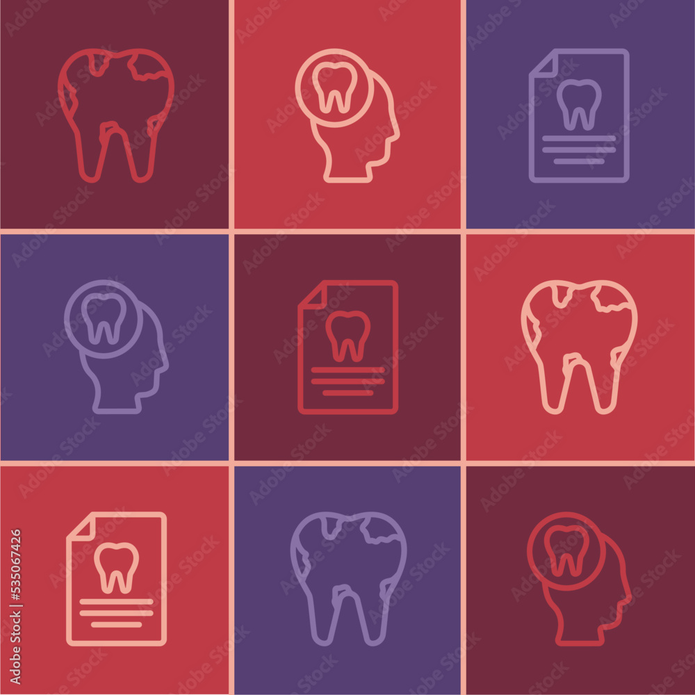 Set line Broken tooth, Clipboard with dental card and Toothache icon. Vector Set line Broken tooth, Clipboard with dental card and Toothache icon. Vector