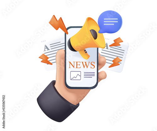 newsletter or News update. Hot News webpage, information about events. Daily press, activities, company information and announcements for web. 3D Web Vector Illustrations free edit. Reading articles