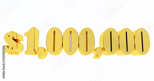 3D render of golden one million dollars number isolated on white background, financial concept