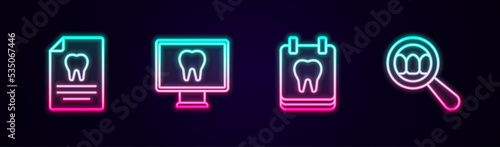 Set line Clipboard with dental card, Online care, Calendar tooth and Dental search. Glowing neon icon. Vector