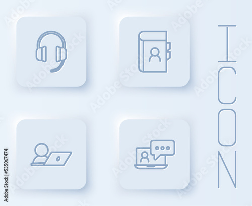 Set line Headphones, Phone book, Video chat conference and . White square button. Vector