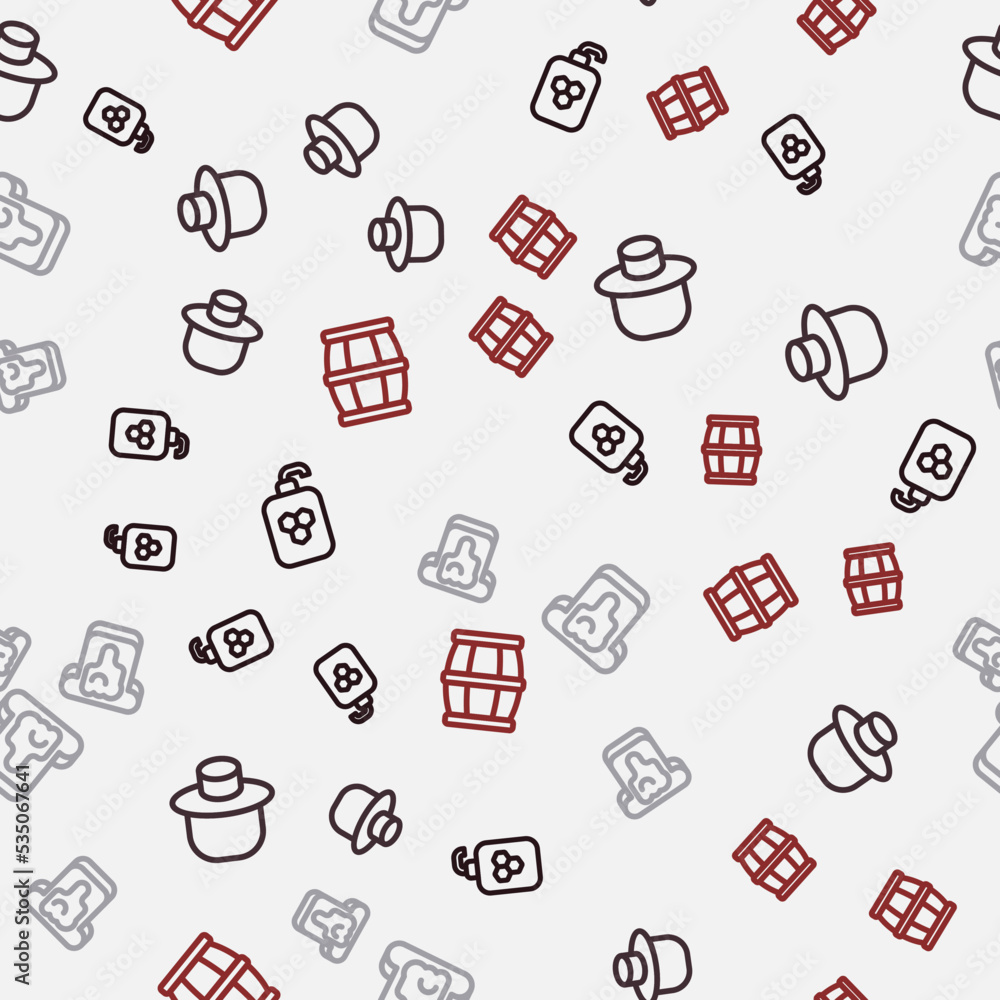 Set line Cosmetic tube with honey, Beekeeper protect hat, Bread and Wooden barrel on seamless pattern. Vector Set line Cosmetic tube with honey, Beekeeper protect hat, Bread and Wooden barrel on seamless pattern. Vector