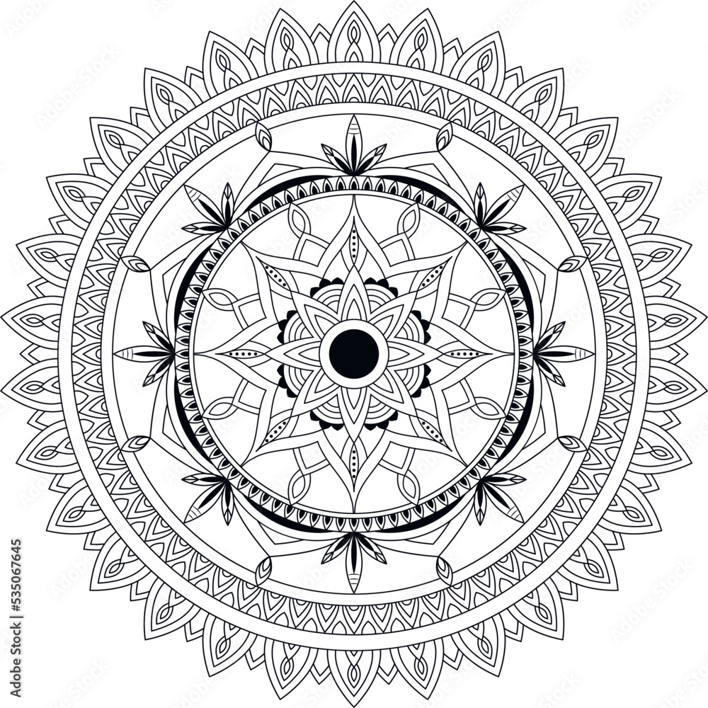Circular black and white mandala isolated on a white background. Coloring book page. Vector pattern for your design. Circular black and white mandala isolated on a white background. Coloring book page. Vector pattern for your design.